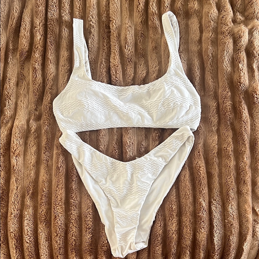 aerie White Textured Scoop Bikini Set